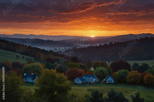 The sun itself is a warm, glowing orb, casting golden rays that dance along the tops of nearby trees and buildings, adding a soft glow to everything they touch
