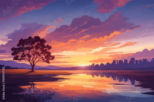 The sun itself is a warm, glowing orb, casting golden rays that dance along the tops of nearby trees and buildings, adding a soft glow to everything they touch