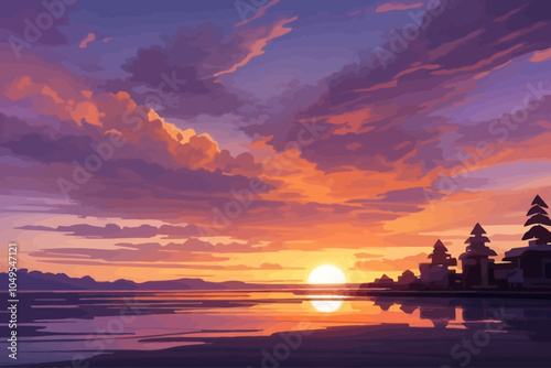 The sun itself is a warm, glowing orb, casting golden rays that dance along the tops of nearby trees and buildings, adding a soft glow to everything they touch