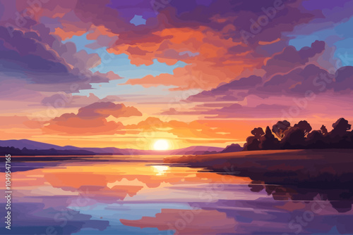The sun itself is a warm, glowing orb, casting golden rays that dance along the tops of nearby trees and buildings, adding a soft glow to everything they touch
