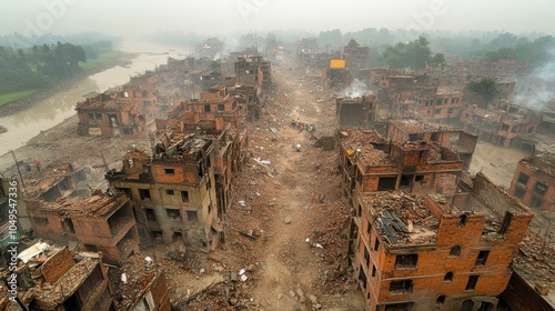 Devastated Cityscape, a once-vibrant urban center now in ruins, emergency responders tirelessly searching for survivors amidst the destruction photo