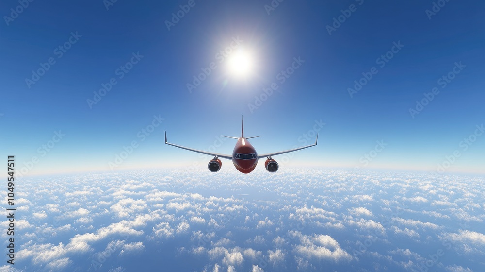 Fototapeta premium A passenger plane flying high over a sea of clouds, with the bright blue sky above and the distant horizon fading into a soft gradient.