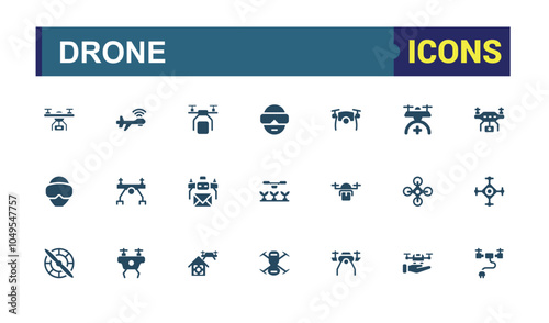 Drones solid icons collection. Featuring fly, quad copter, remote, copter, aviation, drones and more. Minimal filled icons. Editable glyph. Vector illustration.