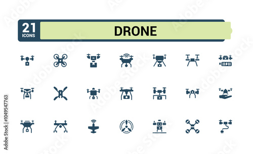 Drones solid icons collection. Featuring fly, quad copter, remote, copter, aviation, drones and more. Minimal filled icons. Editable glyph. Vector illustration.