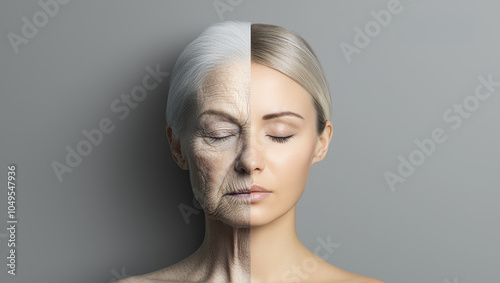 A woman's face is shown in two different stages of aging. The first image shows a woman with wrinkles and sagging skin, while the second image shows a younger version of the same woman photo