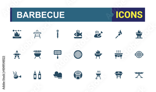 Grill And BBQ icons in filled style. Containing grill, hot, kitchen, bbq, grill bbq, fish and more. Set of solid pictogram. Vector icons editable glyph.