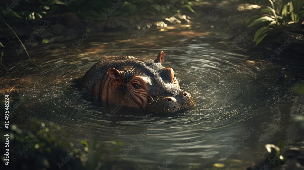 Fototapeta premium A pygmy hippo partially submerged in a muddy pond, with only its head visible, showcasing its love for water and cooling off.