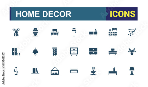 Home Decor icon set. Featuring furniture, decoration, carpentry, interior designer, renovation, home interior and more. Simple web icons pack. Vector filled icons collection.