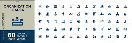 Leadership icons set in solid style. Featuring organization, coach, leader, gain, delegation, lead and more. UI icon set in flat design. Vector filled icons collection.