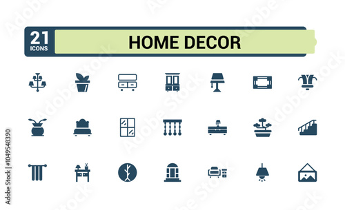 Home Decor icon set. Featuring furniture, decoration, carpentry, interior designer, renovation, home interior and more. Simple web icons pack. Vector filled icons collection.