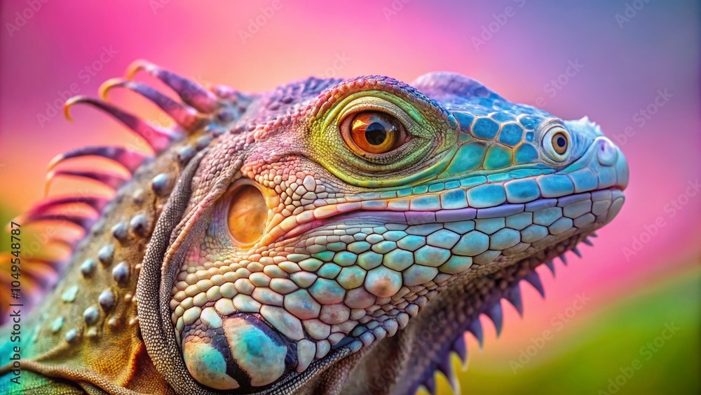Fototapeta premium Closeup Portrait of Iguana Lizard on Light Pink Background - Stunning Long Exposure Photography