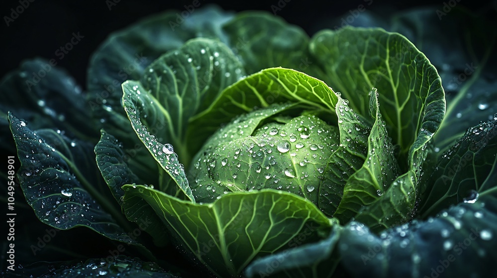 Obraz premium 2410_089.crisp cabbage layers, sparkling water pearls, deep focus image, chiaroscuro effect, freshness concept, raw food photography, leaf architecture, dark food styling
