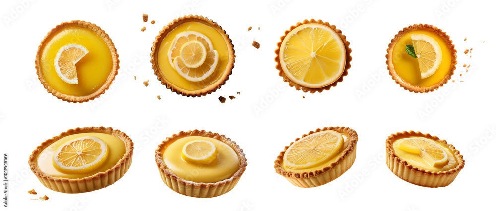 Assorted lemon tarts displayed on a white background, garnished with lemon slices and mint leaves. Assorted lemon tarts displayed on a white background, garnished with lemon slices and mint leaves.