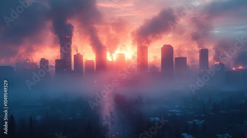 City skyline shrouded in thick smoke following a catastrophic fire, remnants of urban life silhouetted against a smoky haze photo