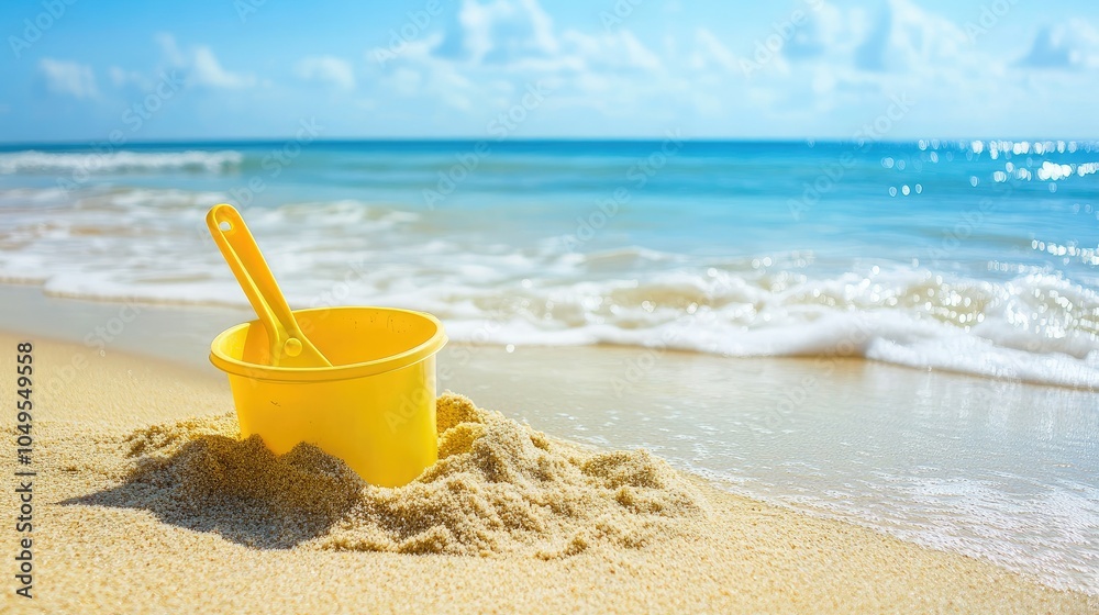 A small plastic shovel and bucket partially buried in golden beach sand, with gentle waves in the distance on a sunny day.