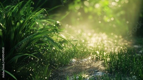 2410_029.miniature ecosystem, dew-kissed grass blades, vivid chlorophyll tones, diffused sunlight, intimate nature scene, zen garden aesthetic, photorealistic plant textures photo