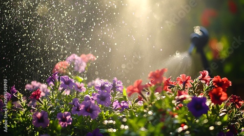 2410_048.sunlit flower garden watering scene, black sprinkler head, water mist over blooming petunias, purple and red blossoms, ethereal water spray, lush green foliage, macro water droplets,