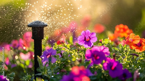 2410_048.sunlit flower garden watering scene, black sprinkler head, water mist over blooming petunias, purple and red blossoms, ethereal water spray, lush green foliage, macro water droplets,