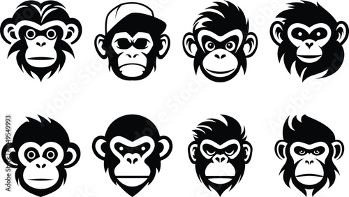 Monkey head icon set. Cute monkey face icon illustration on white background