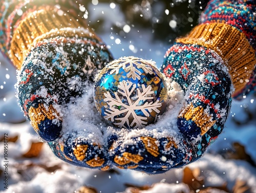 Capturing the Joy of Winter A Festive Snow Globe in Cozy Hands Amidst a Snowy Wonderland photo