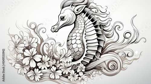 A drawing of a seahorse with flowers in the background