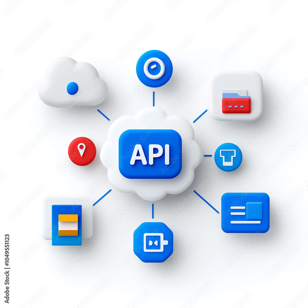 3D illustration of API integration with cloud computing and digital networking icons, visualizing technology and data connectivity. 3D illustration of API integration with cloud computing and digital networking icons, visualizing technology and data connectivity.