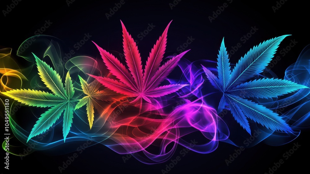 Close-up of marijuana leaves, colorful neon light and smoke on black background, capturing bold ambiance
