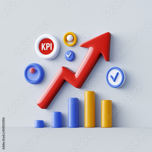3D illustration of a rising red arrow with colorful charts and KPI indicators, symbolizing growth and performance improvement.