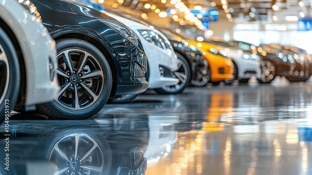 Car tires of different sizes and brands stacked neatly in a spacious automotive store, highlighting selection, variety, and customer choice.