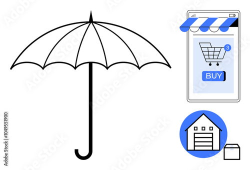 An umbrella symbol, online shopping cart screen, and warehouse icon suggest themes of online shopping, consumer protection, logistics, digital purchases, and e-commerce safety. Clean, minimalist