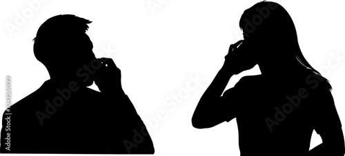 The silhouette men and women on the phone creates a sense of intimacy and connection.The dark and light contrast in the image emphasizes the mystery of the conversation.