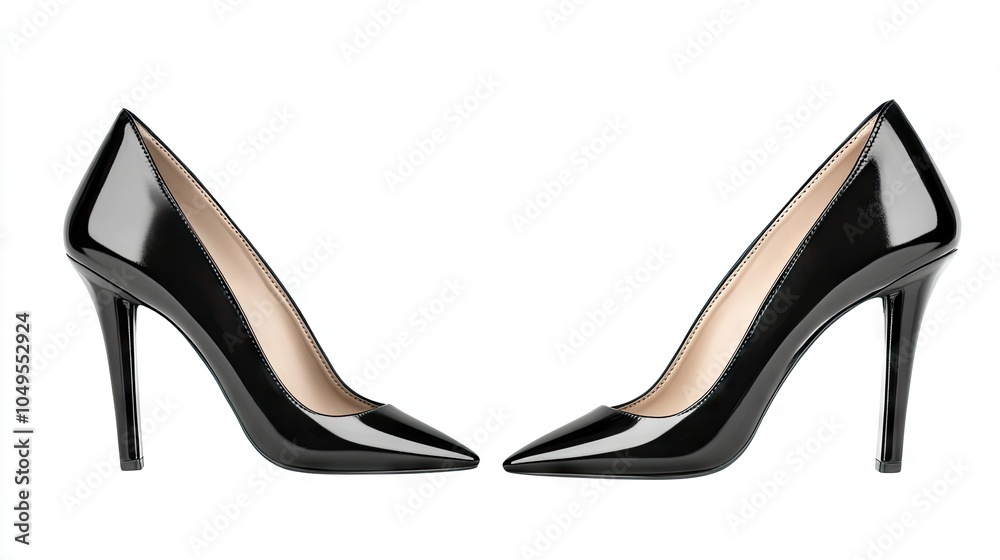 Glossy black high heels with pointed toes on a white background, perfect for professional fashion and sleek modern style. Glossy black high heels with pointed toes on a white background, perfect for professional fashion and sleek modern style.