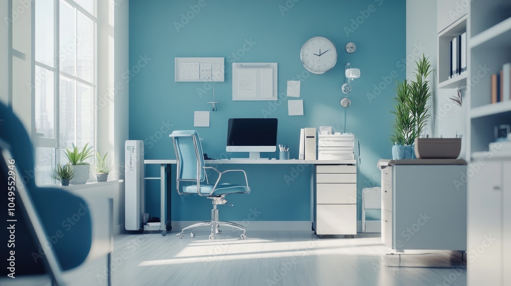 Fototapeta premium Organized healthcare office with medical equipment, representing a professional and clean clinical setting for marketing