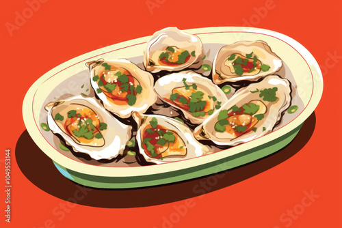 Colorful oysters dish illustration