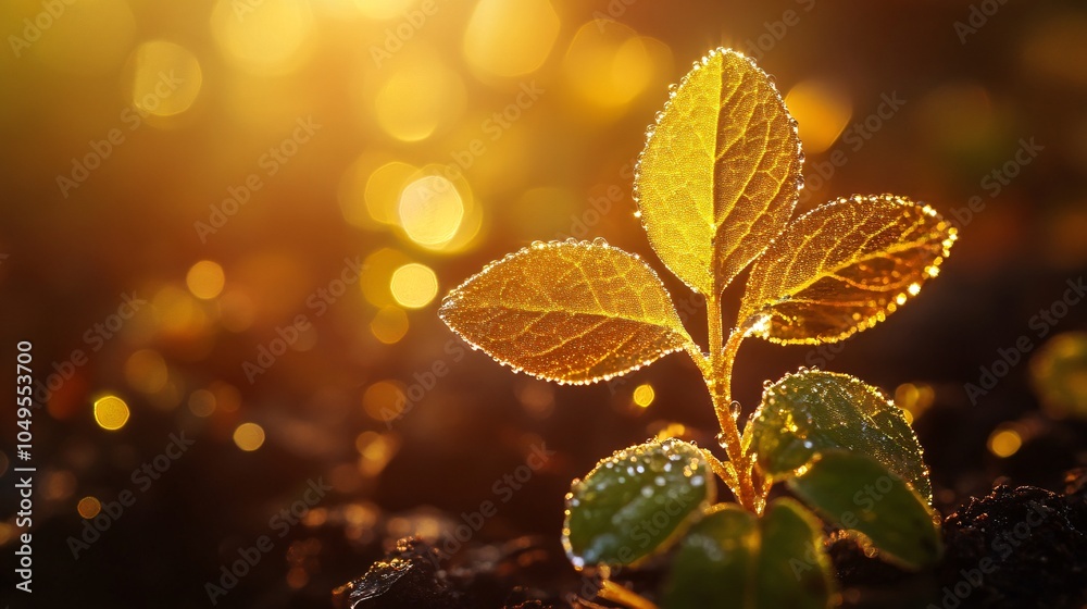 2410_058.young plant leaves with visible veins, golden sunburst effect, vibrant chlorophyll detail, rich earth background, morning garden atmosphere, crystalline dew details, botanical macro study, 2410_058.young plant leaves with visible veins, golden sunburst effect, vibrant chlorophyll detail, rich earth background, morning garden atmosphere, crystalline dew details, botanical macro study,