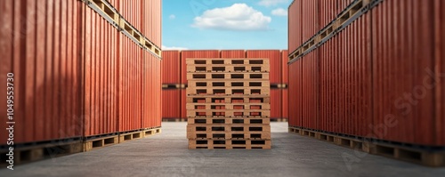 Stacked pallets amidst shipping containers under a clear blue sky. photo