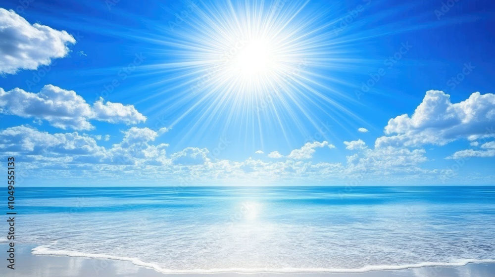 Obraz premium The bright sun shining in a clear sky, reflecting off the sea with a peaceful horizon, symbolizing serenity and natural beauty.