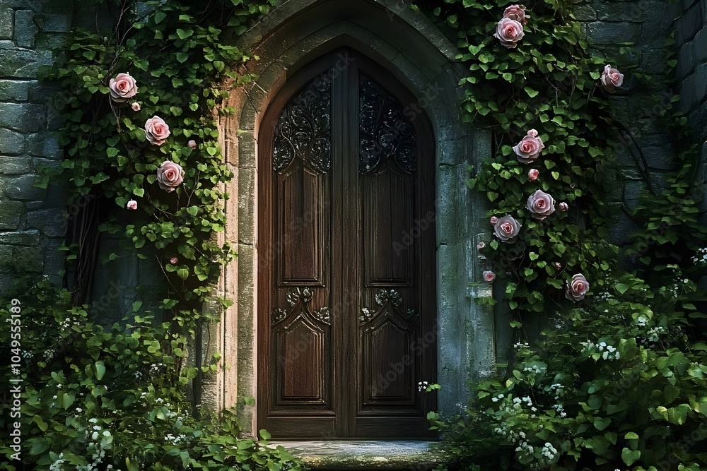 An old wooden door surrounded by ivy and roses generative AI An old wooden door surrounded by ivy and roses generative AI