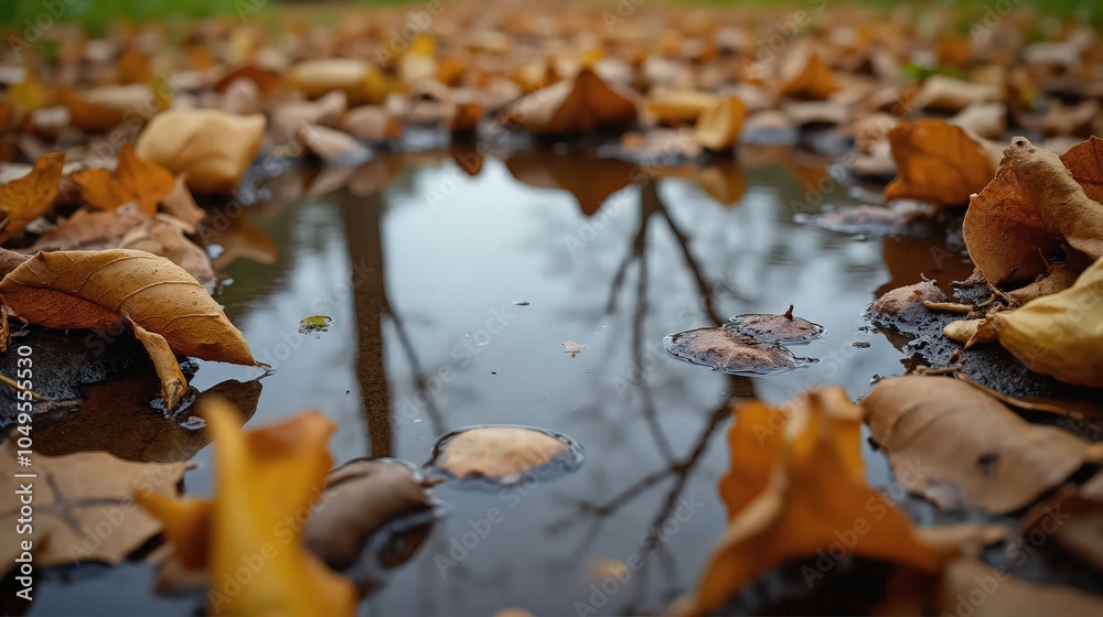 generative ai, Autumn Serenity: Reflective Puddle Amidst Fallen Leaves Close-Up generative ai, Autumn Serenity: Reflective Puddle Amidst Fallen Leaves Close-Up