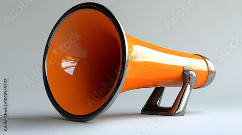 Bright orange megaphone resting on a light surface, used for announcing and cheering at events and gatherings photo