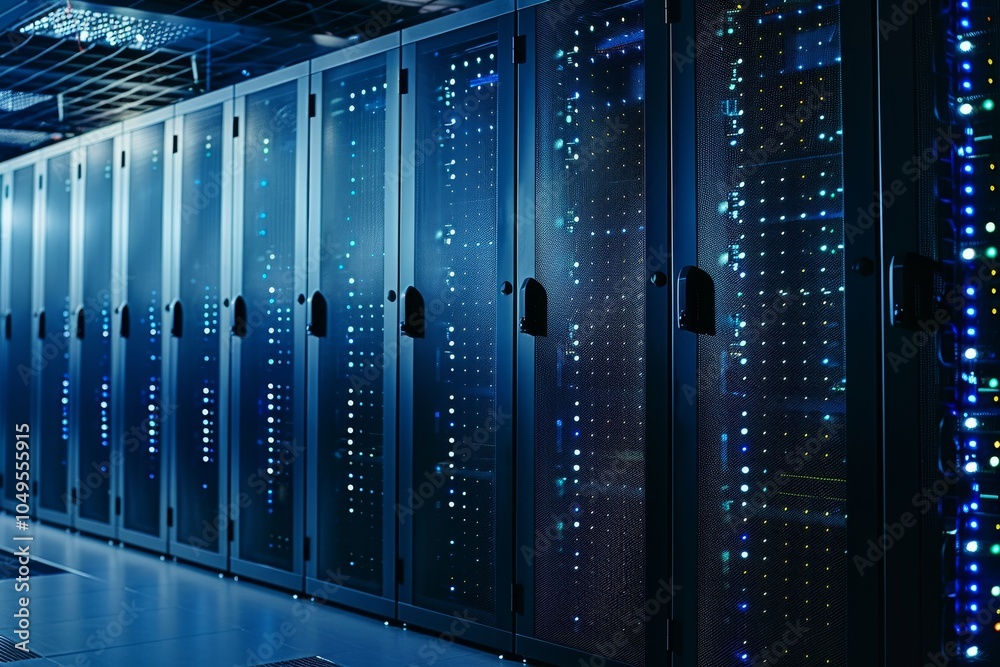 Network Server Room, Modern Data Center With Racks, Cabling System, Secure Storage, and Equipment Network Server Room, Modern Data Center With Racks, Cabling System, Secure Storage, and Equipment