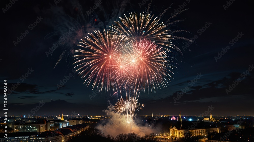A spectacular fireworks display explodes over a cityscape at night, illuminating the sky with vibrant colors and patterns. A spectacular fireworks display explodes over a cityscape at night, illuminating the sky with vibrant colors and patterns.