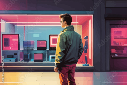 ordinary man looking at an electronics display window in a street store, minimalism 80s