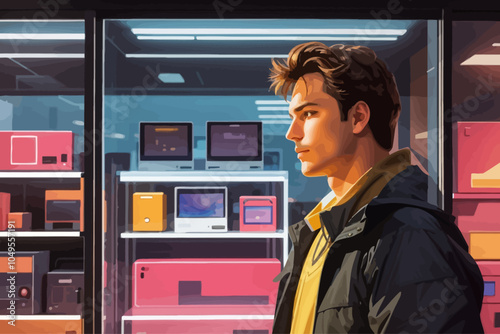 ordinary man looking at an electronics display window in a street store, minimalism 80s