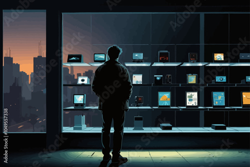 ordinary man looking at an electronics display window in a street store, minimalism 80s