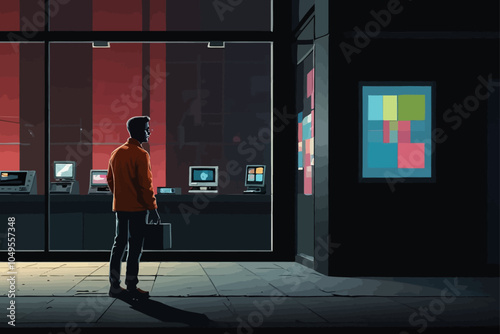 ordinary man looking at an electronics display window in a street store, minimalism 80s