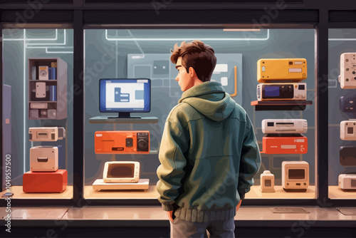 ordinary man looking at an electronics display window in a street store, minimalism 80s