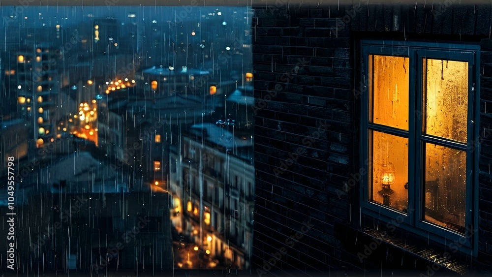 Obraz premium A warmly lit window glows softly amidst the rain, creating a cozy atmosphere on a dreary day.