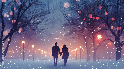 A couple holding hands while walking through a snowy park with bare trees and holiday lights