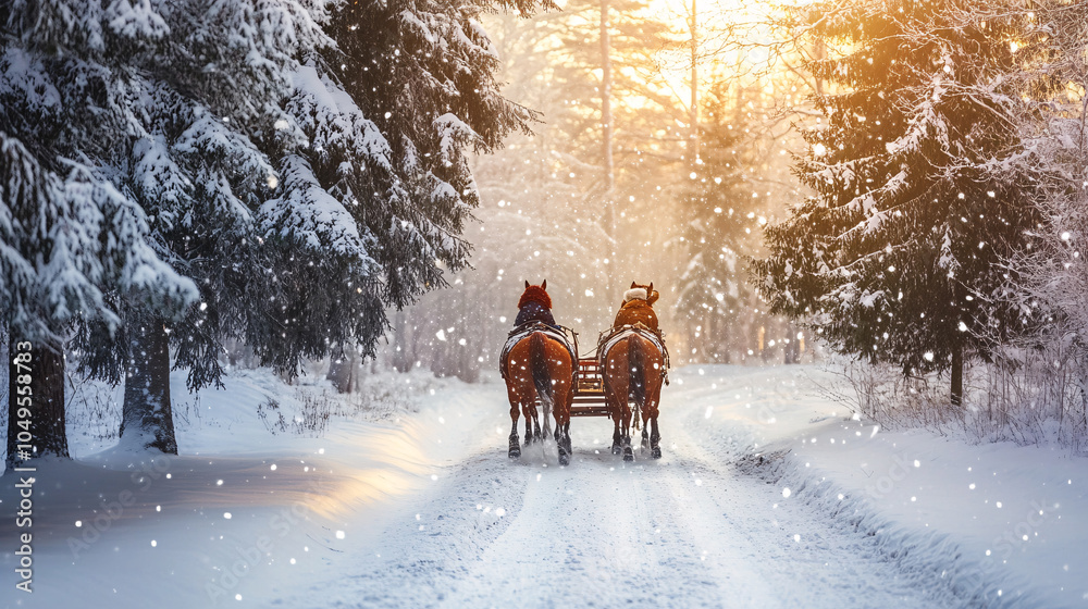 Winter wonderland scene with a horse-drawn sleigh riding through a snowy path